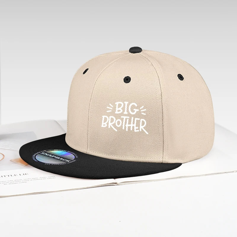 BIG BROTHER Black Flat Brim Cap With Letter Print Adjustable Hard Top Hip Hop Street Cap Outdoor Sports