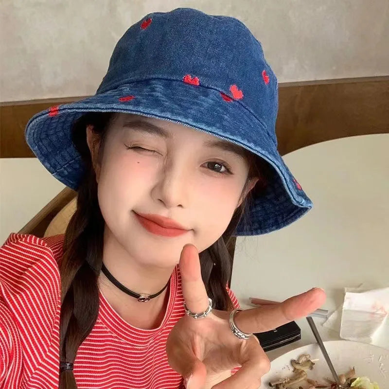 Korean Embroidered Heart Bucket Hat