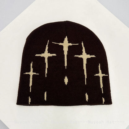 New Men Women Color Block Jacquard Cross Star Knitted Hats