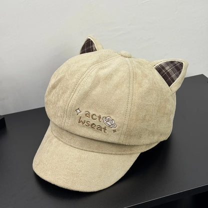 Kawaii Cat Ear Newsboy Cap Faux Suede Women Baker Boy Cap Letter Embroidery Autumn Snap Brim Y2k Hat
