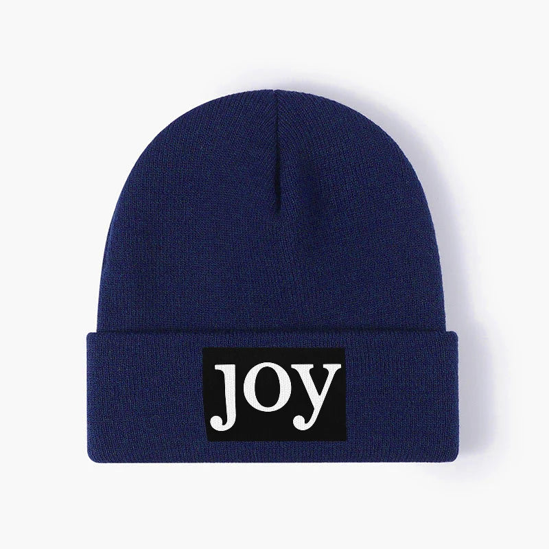 Joy Letter Patch Black Knitted Beanie Unisex Cuffed Winter Hat