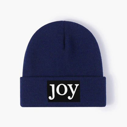 Joy Letter Patch Black Knitted Beanie Unisex Cuffed Winter Hat