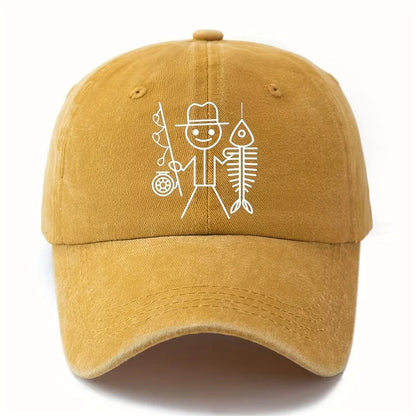 Printed Cartoon Man Fishing Baseball Cap, Outdoor Curved Brim Cap