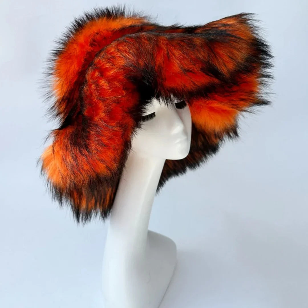 Luxury Fluffy Women Faux Fur Bucket Hats Oversized 17cm Wide Brim