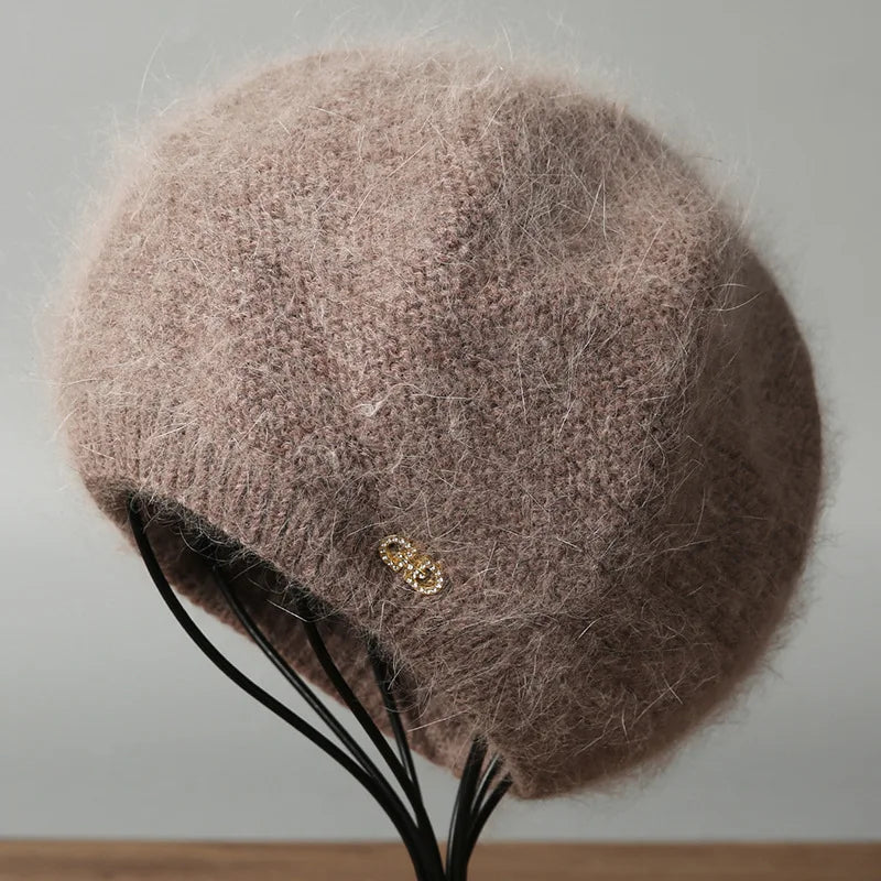 Beret Women Winter Angora Knit Hat Double Layers Casual