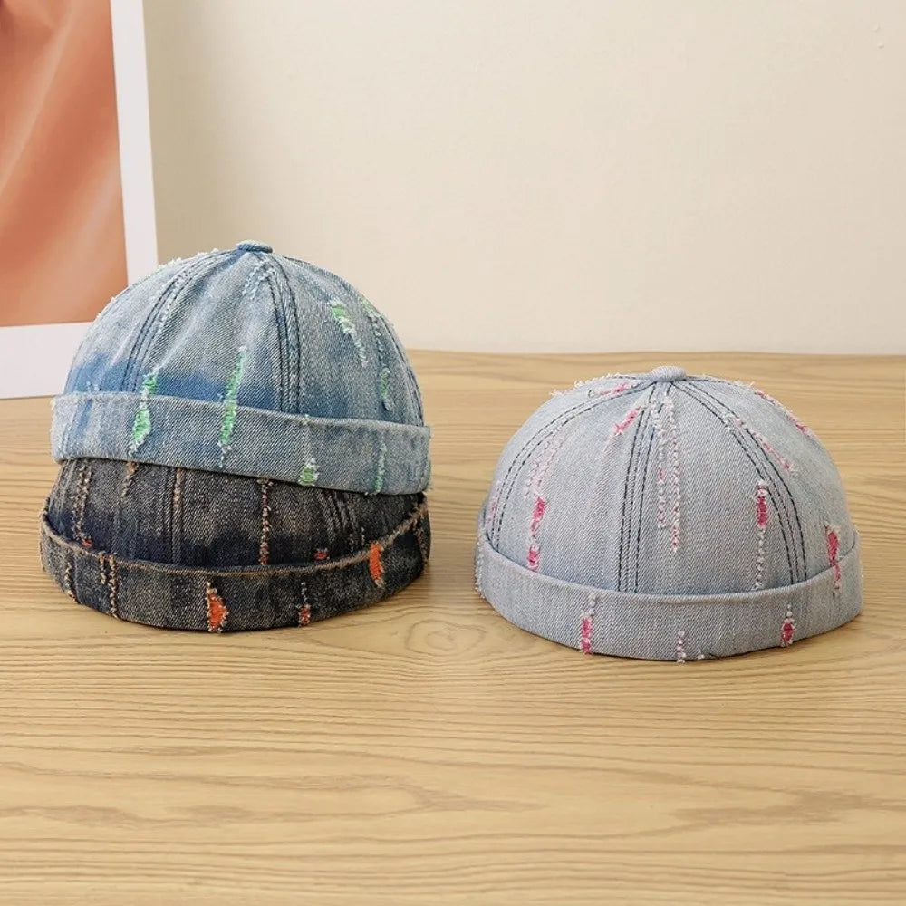 Broken Denim Docker Cap Frayed Edges Graffiti Print Distressed Denim Hat