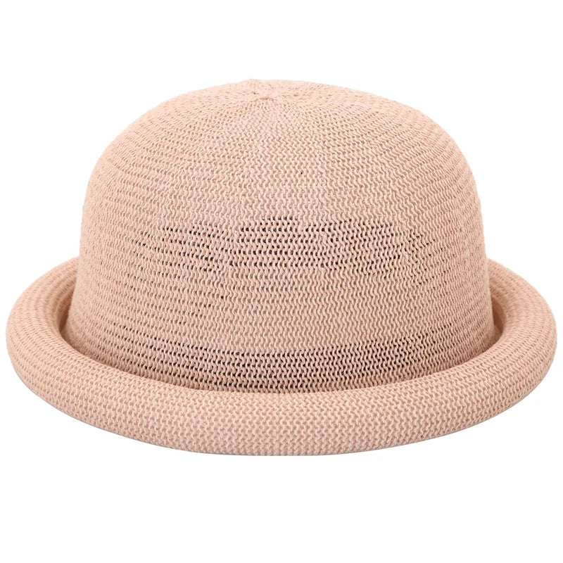 Women Straw Hat Spring Summer New Roll Brim Round Top Korean Style