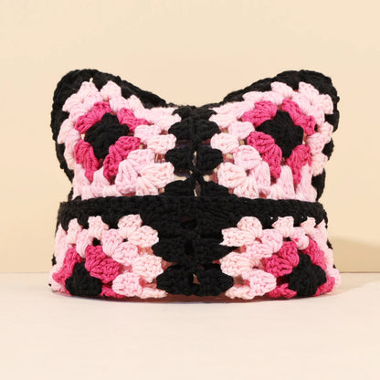Niche Cute Cat Ear Color Matching Hand-Crocheted Beanie Hat