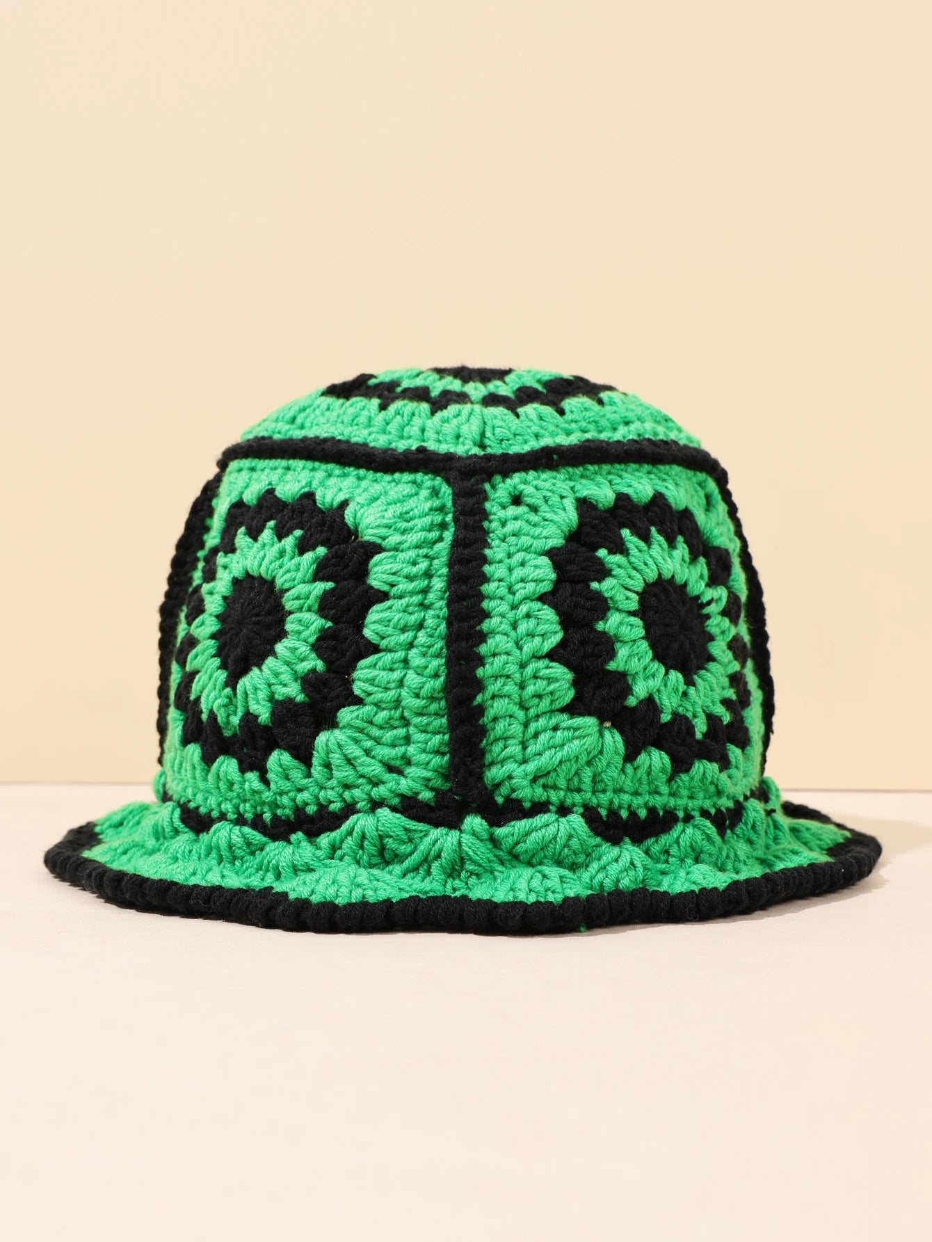 1PC Handmade Crochet Vintage Bucket Hat - Geometric Patch Super Soft and Warm