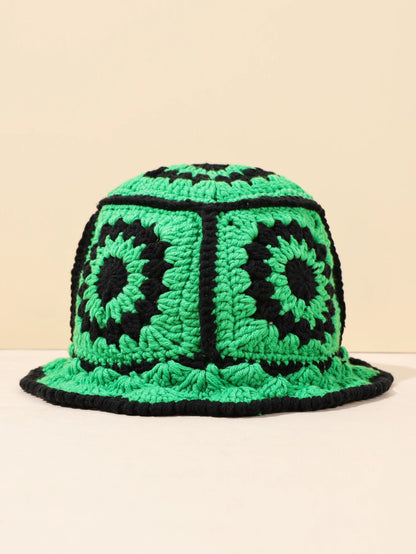 1PC Handmade Crochet Vintage Bucket Hat - Geometric Patch Super Soft and Warm