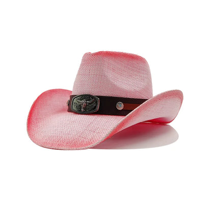 Western Thick Cowboy Hat Retro Pink Gradient Straw Hat