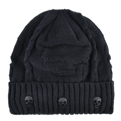 Winter Beanies Men Knitted Skull Pattern Solid Color Hat With Metal Skulls