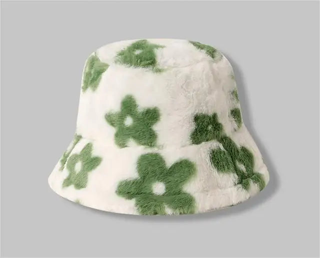 New Floral Plush Bucket Hat Women Fur Fisherman Cap