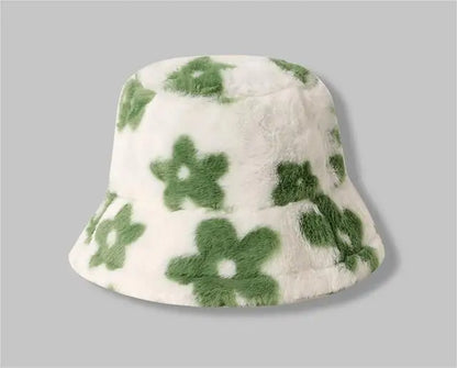 New Floral Plush Bucket Hat Women Fur Fisherman Cap