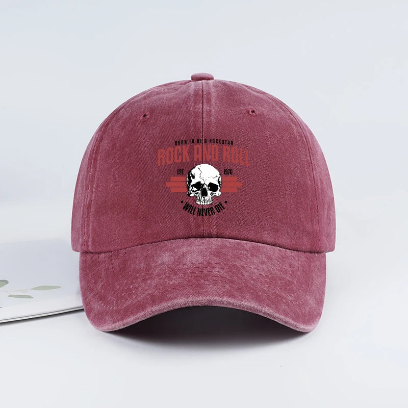 Rock Skull Print Washed Baseball Cap Soft Comfortable Lightweight Breathable Adjustable Style