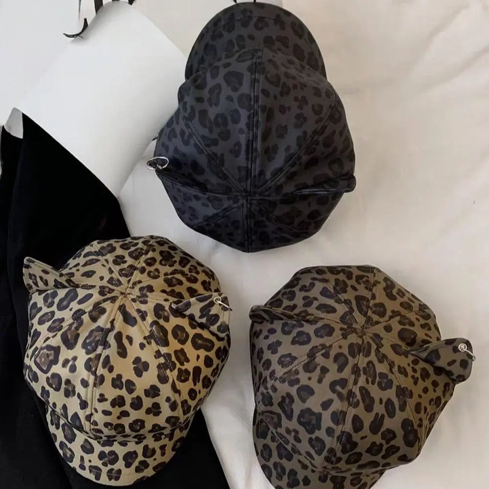 Retro Style Cat Ears Cap Leopard Print Octagonal Shape Cat
