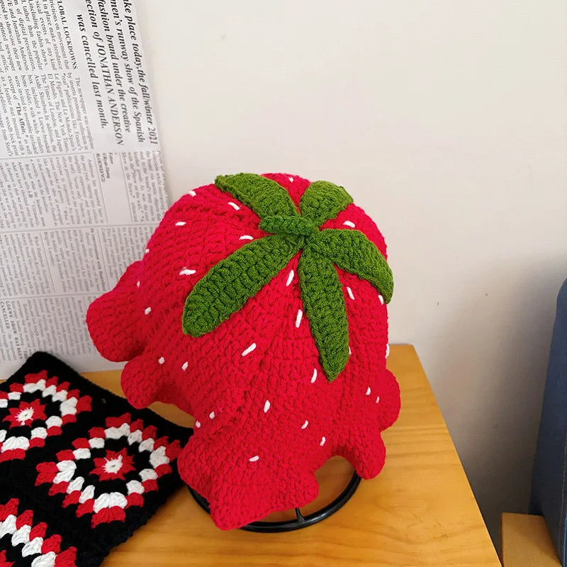 Snow Cap Men Women Strawberry Crochet Hat Handmade Floral Portable Knitted