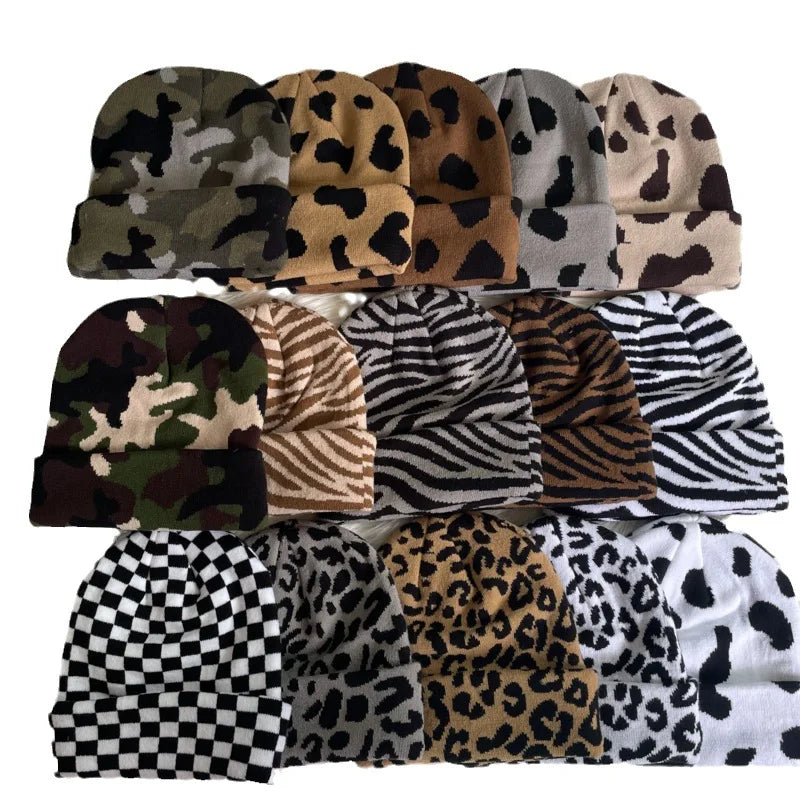Winter Leopard Knitted Hats For Women Men Outdoor