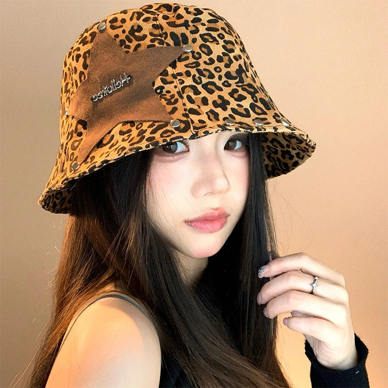 Y2K American Retro Street Leopard Print Rivet Fisherman Hat