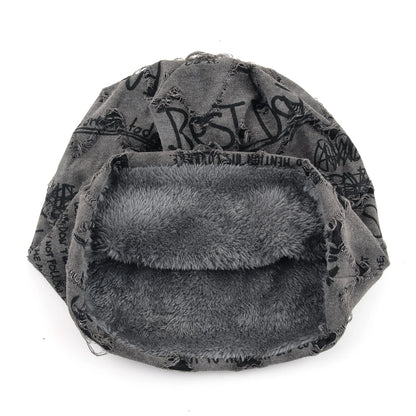 Letter Print Beanie Hats For Women Men Vintage Distressed Cracked Design Wasteland Style