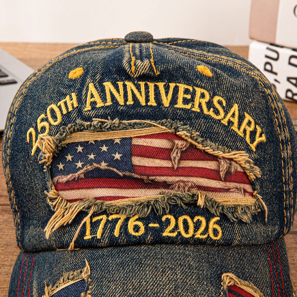 Vintage USA Flag 250th Anniversary 1776-2026 Distressed Denim Baseball Cap