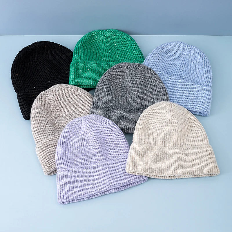 Women’s Cuffed Ribbed Knit Beanie Hat, Speckled Glitter Decorative Winter Hat
