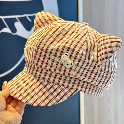 Cat Ear Plaid Newsboy Cap Y2k Aesthetic For Women Kawaii Octagonal Painter Hat Street Snap Sweet Girl Cap