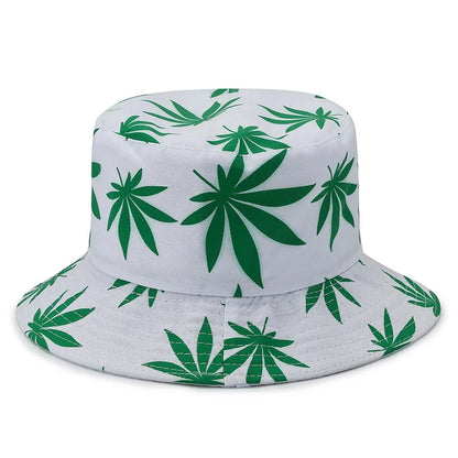 Unisex Double-sided Versatile Travel Sun Hats Fashionable Printed Flowerpot Hats Maple Leaf Fisherman Hat Black Color Simple Hat