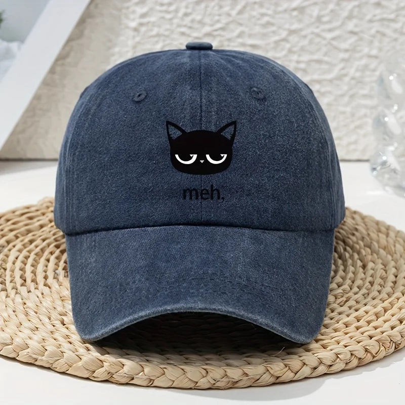 Cartoon Black Cat Print Vintage Washed Baseball Cap