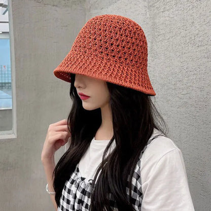 Straw Dome Weave Bucket Hat Hollow Out Breathable Sun Hats