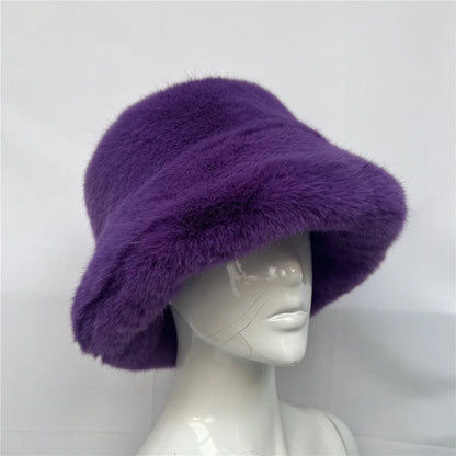 New Luxury Warm Faux Fur Bucket Hats Women