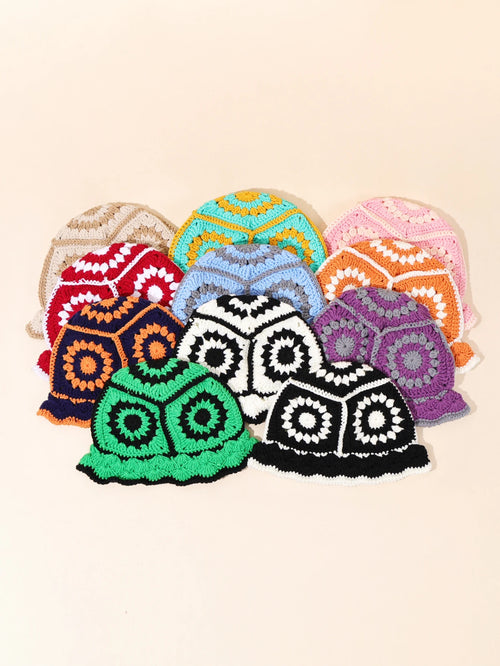 1PC Handmade Crochet Vintage Bucket Hat - Geometric Patch Super Soft and Warm