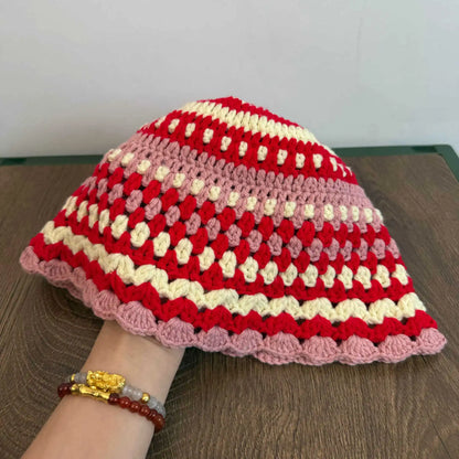 Vintage Handmade Crochet Contrast Striped Knitted Bucket Hat