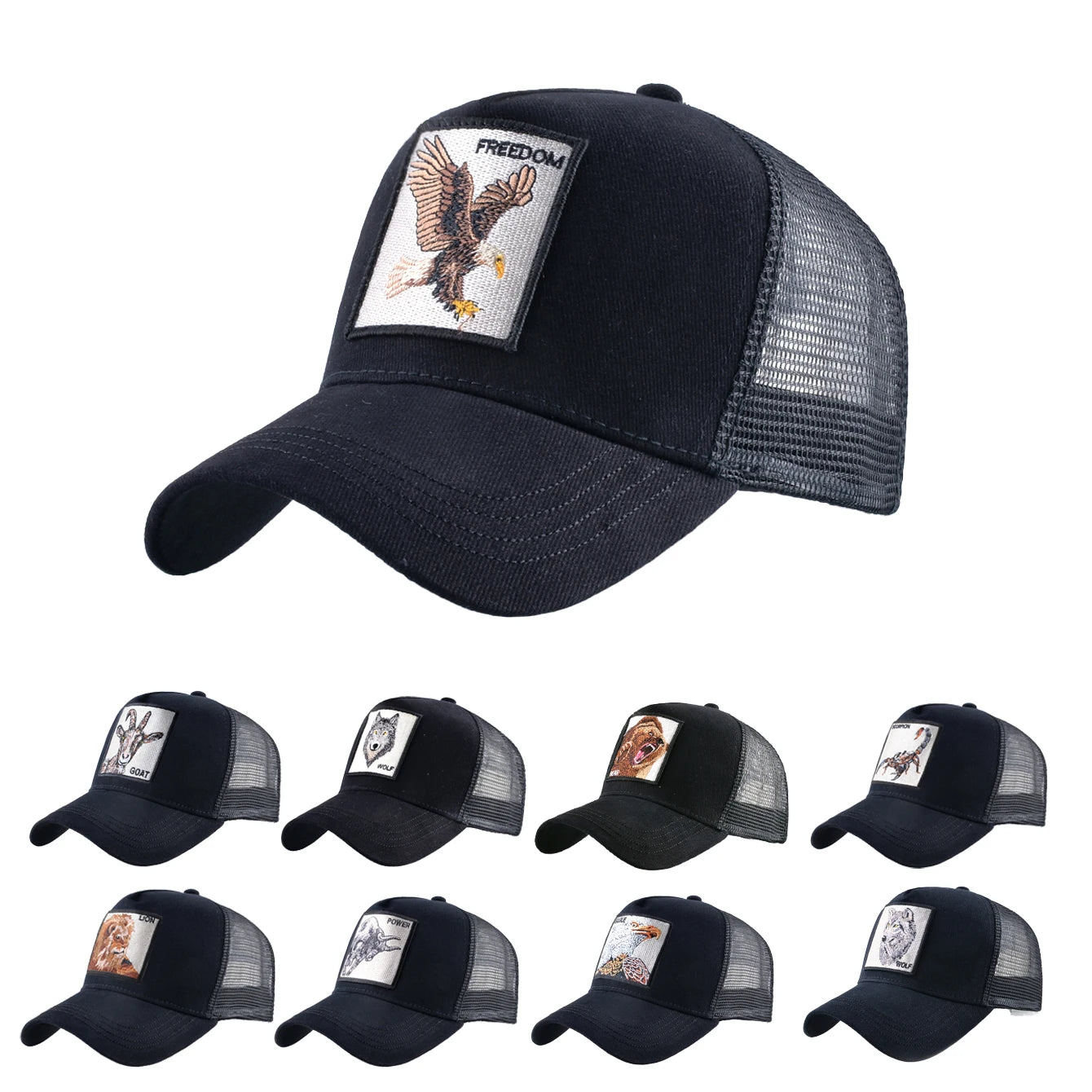 Unisex Black Baseball Cap With Animals Embroidery Patch For Men Women