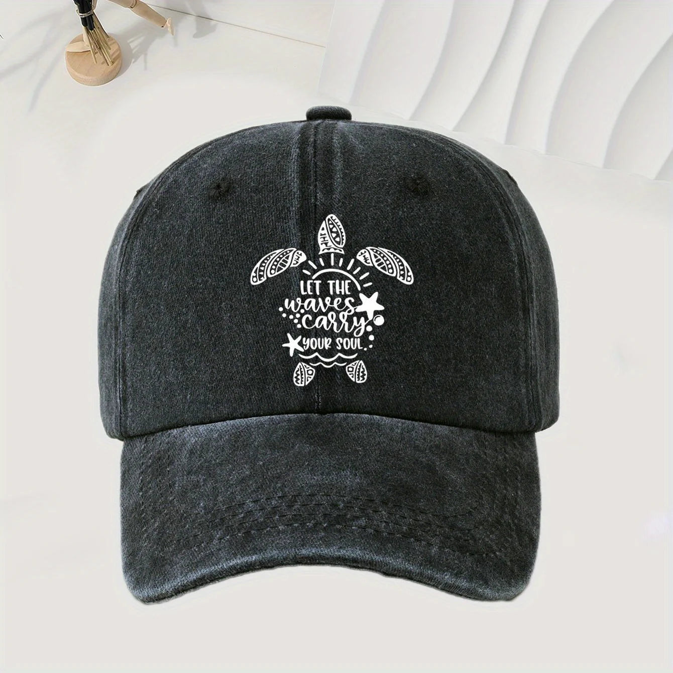 Turtle Print Baseball Cap With Retro Washed Style, Adjustable Unisex