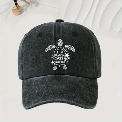 Turtle Print Baseball Cap With Retro Washed Style, Adjustable Unisex