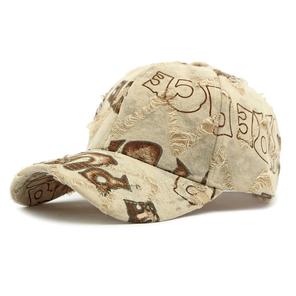 Holey-Edged, Frayed, Letter-Stamped Baseball Cap