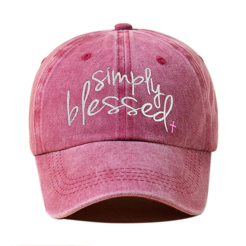 Simply Blessed Wide Brimmed Sunshade, Water Washed Embroidered English Letter Baseball Hat