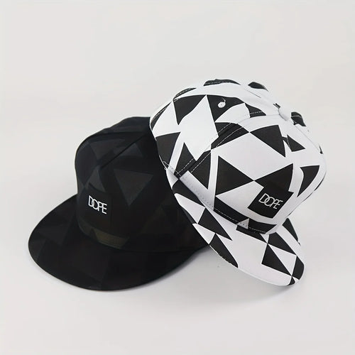 Black White Geometric Triangle Print Snapback Hat Flat Brim Hip Hop Adjustable Streetwear Sun Hat