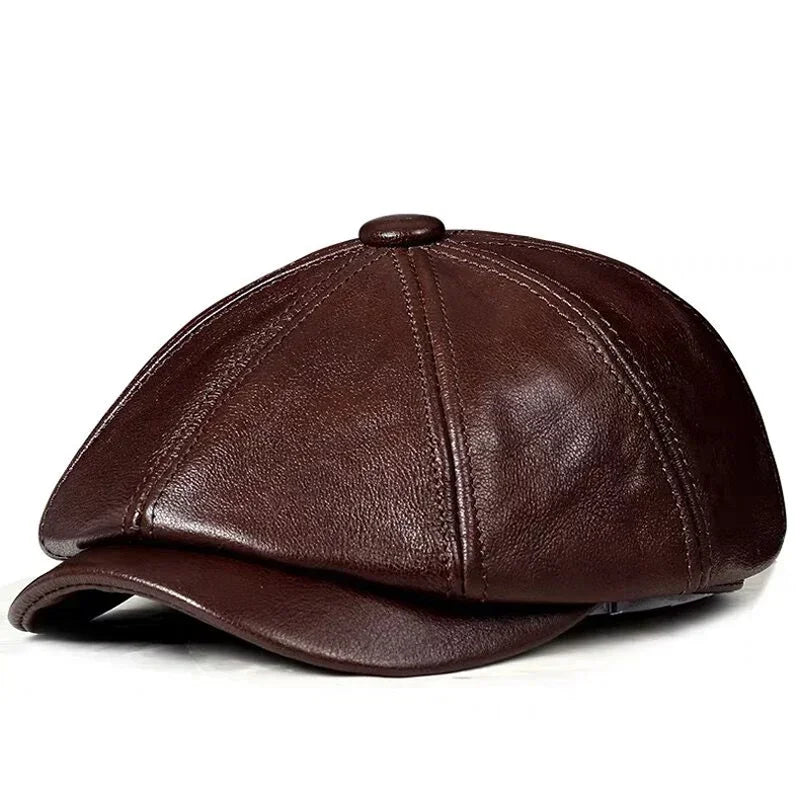 Genuine Leather Hat Cap Cowhide Beret Warm Cotton Men