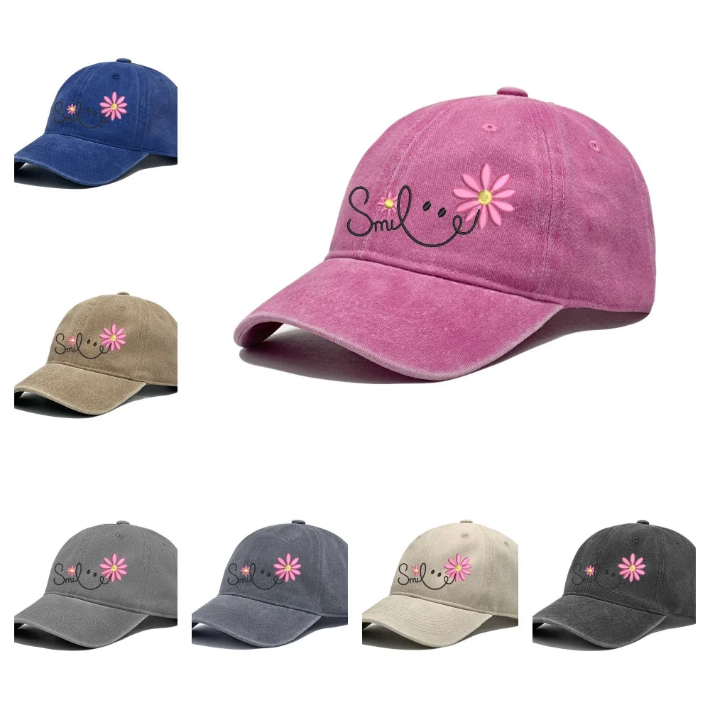 Sweet Daisy Flower Smile Embroidery Washed Cotton Hat