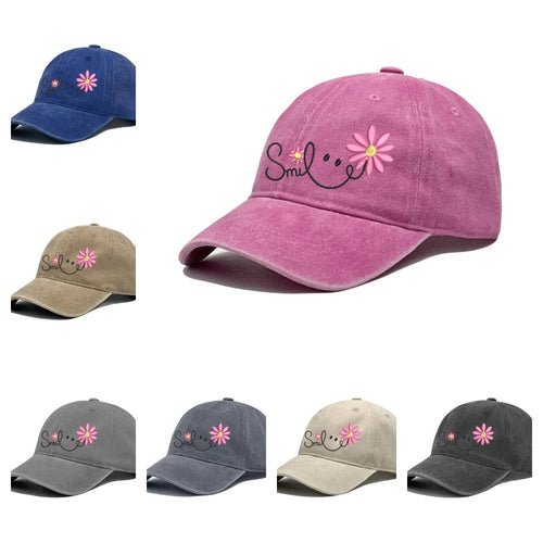 Sweet Daisy Flower Smile Embroidery Washed Cotton Hat