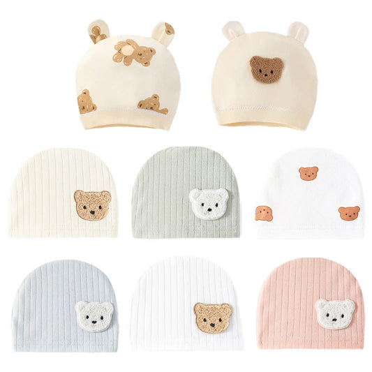 Soft Infant Beanies Caps Baby Hat Cartoon Bear Boneless Muslin Hat Newborn 0-3M