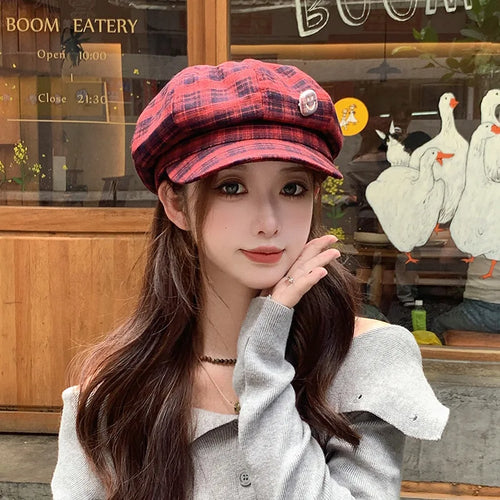 Women College Style Plaid Beret Korean Versatile Face Small Bud Painter Hat