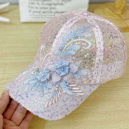 Fresh And Sweet Summer Lightweight Lace Sequin Flower Baseball Cap