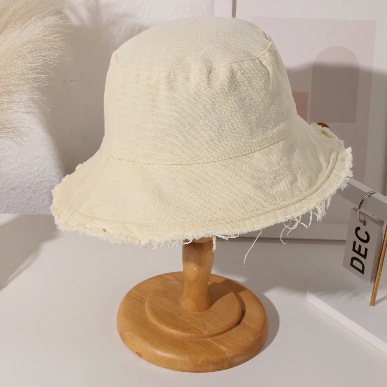 Women's Frayed Edge Bucket Hat Cotton Black Fisherman Cap