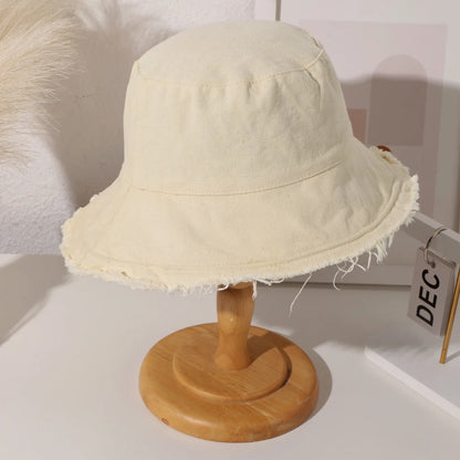 Women's Frayed Edge Bucket Hat Cotton Black Fisherman Cap