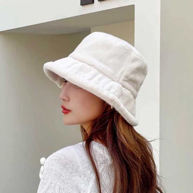 Korean Lamb Faux Fur Bucket Hat Lady Winter Warm Soft Panama Hat