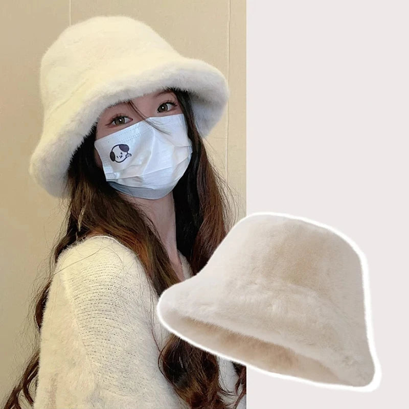 Winter Windproof Warm Women's Fashion Solid Color Plush Hat Bucket Cap Fluffy Fisherman's Hat