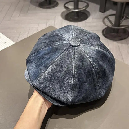 Vintage Distressed Leather Baker Boy Cap